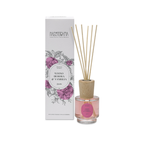Diffusore a bastoncini Legno di Rosa e Vaniglia, 100ml Nasoterapia