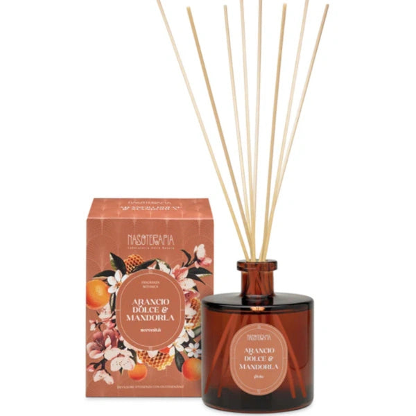 Diffusore a bastoncini Arancio Dolce e Mandorla, 200 ml - 500 ml Nasoterapia