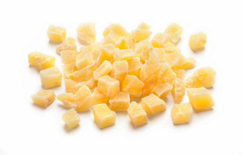 Zenzero rizoma candito a cubetti, senza zucchero in superificie